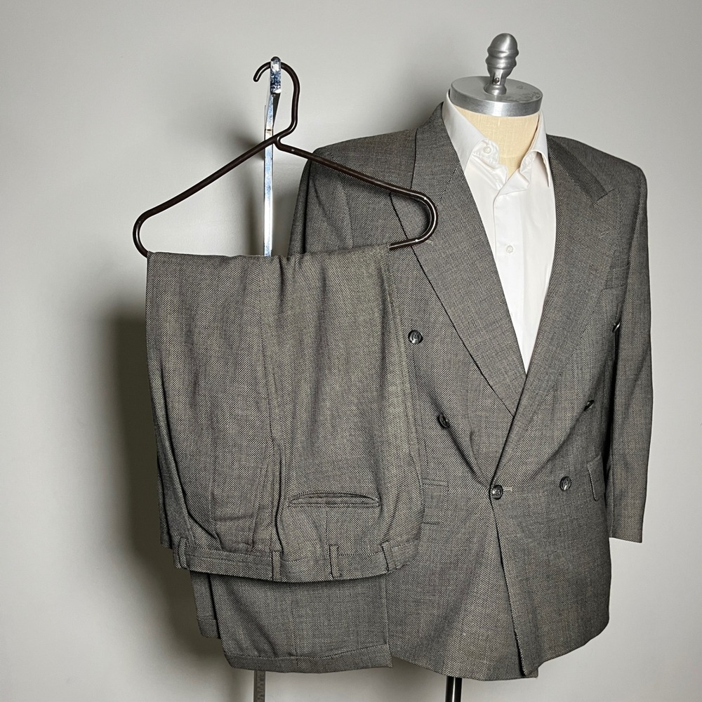 Bill Blass Suit Mens 42R 34W Brown Micro-Pattern Double Breasted Athletic Fit